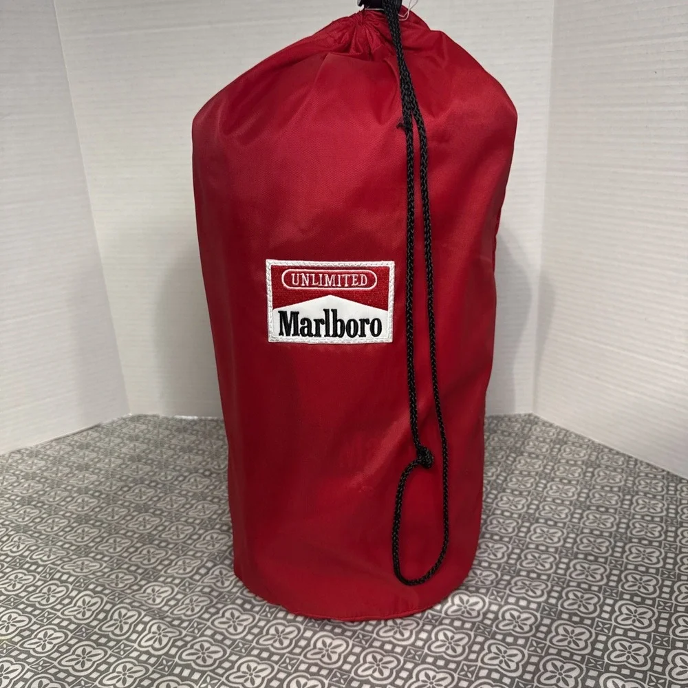 Vintage 90's Marlboro Unlimited Camping Sleeping Bag Roll Red Fleece. Nice!
